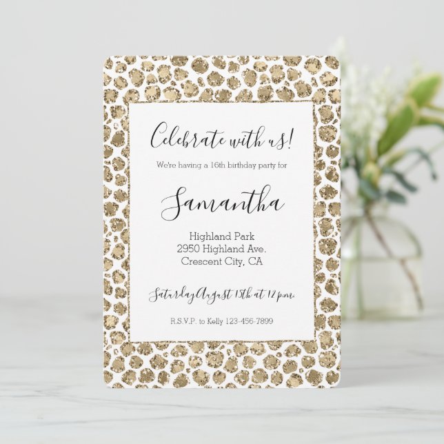 White Gold Glam Glitter Glitz Leopard Print Invitation (Standing Front)