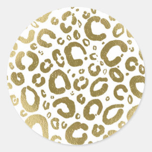White & Gold Glam Leopard Print  Classic Round Sticker