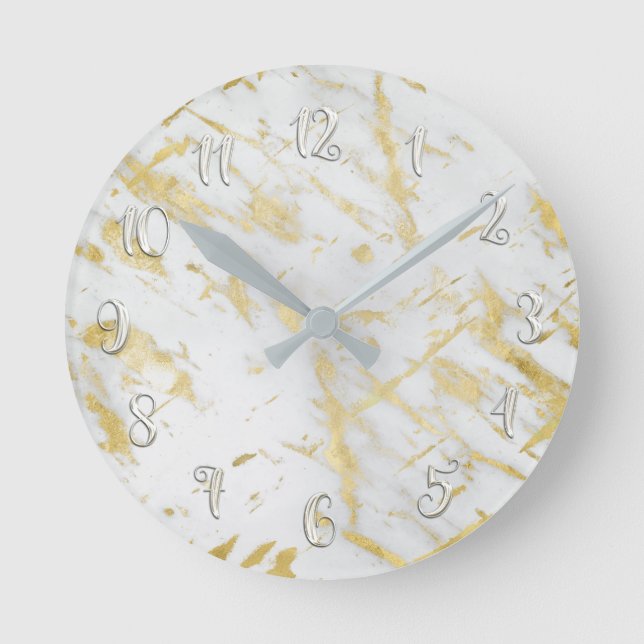 White & Gold Glam Marble Modern Personalised Round Clock (Front)