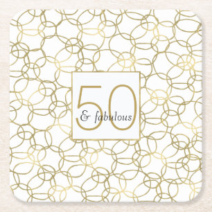 White Gold Glam Stylish Circles 50 and Fabulous Square Paper Coaster