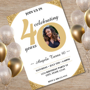 White & Gold Glitter 40 Fifty Years 40th Birthday Invitation