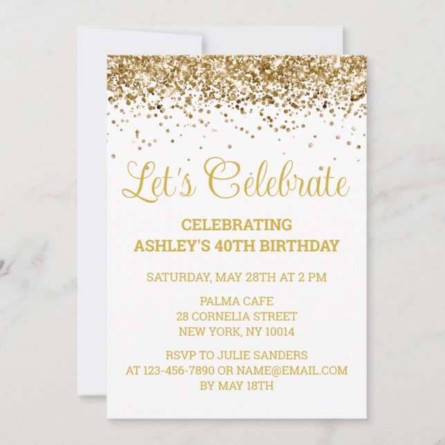 White & Gold Glitter 40th Birthday Let's Celebrate Invitation (Front)