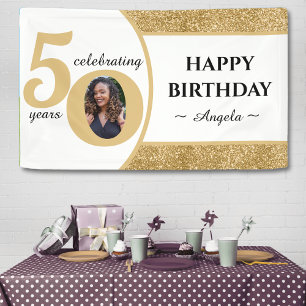 White & Gold Glitter 50 Fifty Years 50th Birthday Banner