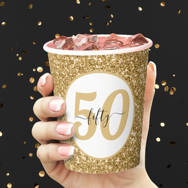 White & Gold Glitter 50 Fifty Years 50th Birthday Paper Cups (gold glitter 50th birthday party paper cup)