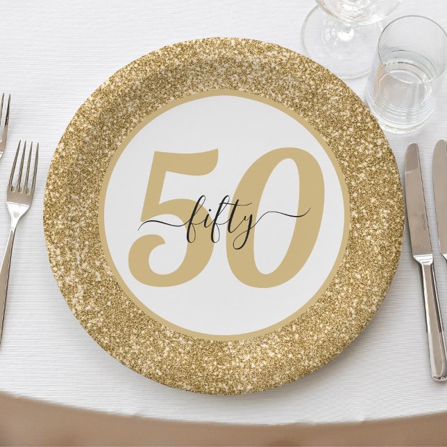 White & Gold Glitter 50 Fifty Years 50th Birthday Paper Plate (White & Gold Glitter 50 Fifty Years 50th Birthday Paper Plates)