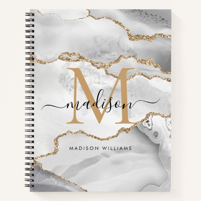 White Gold Glitter Agate Marble Monogram Script Notebook (Front)