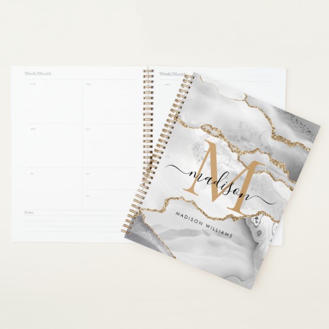 White Gold Glitter Agate Marble Monogram Script Planner (Display)