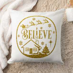 White & Gold Glitter Believe Christmas Decorative Cushion
