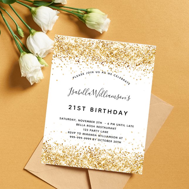 White gold glitter birthday budget invitation flyer (Creator Uploaded)
