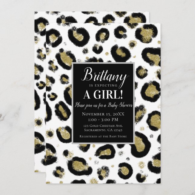 White Gold Glitter & Black Leopard Baby Shower Invitation (Front/Back)