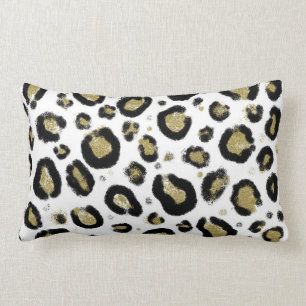 White Gold Glitter & Black Leopard Cheetah Print Lumbar Cushion