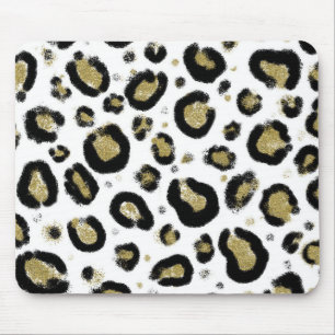 White Gold Glitter & Black Leopard Cheetah Print Mouse Pad