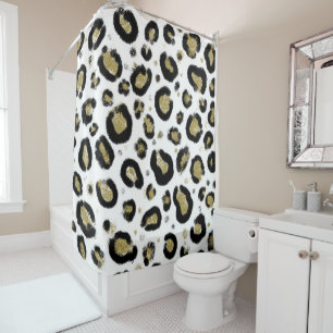 White Gold Glitter & Black Leopard Cheetah Print Shower Curtain