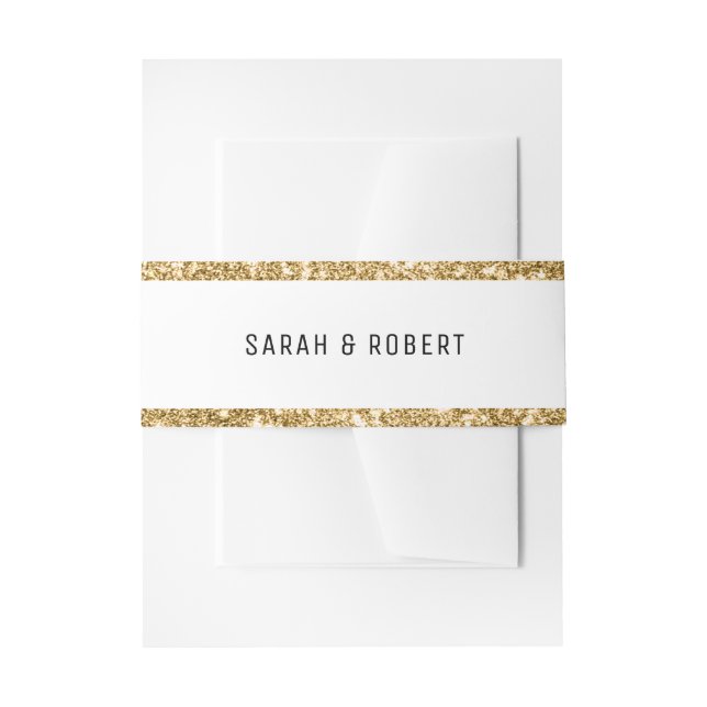 White & Gold Glitter Border Wedding Invitation Belly Band (Front Example)