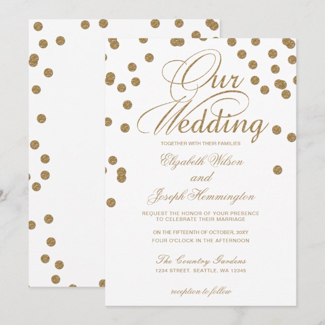 White Gold Glitter Confetti Elegant Wedding Invitation (Front/Back)