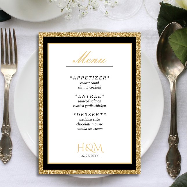 White & Gold Glitter Dinner Wedding Reception Menu (black, white and gold glitter wedding menu)