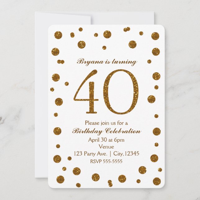 White & Gold Glitter Dots 40th 40 Birthday Party Invitation (Front)