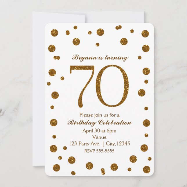 White & Gold Glitter Dots 70th 70 Birthday Party Invitation (Front)