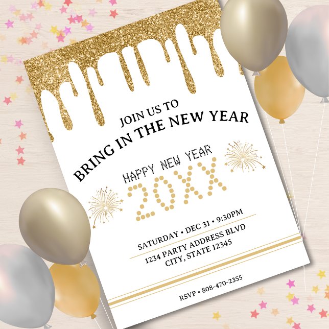 White & Gold Glitter Drip New Years Eve Party 2024 Invitation (White & Gold Glitter Drip New Years Eve Party 2024 Invitation)