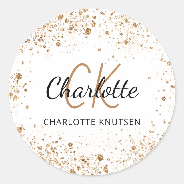 White gold glitter dust monogram initials name  classic round sticker (Front)