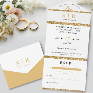 White & Gold Glitter Elegant Wedding All In One Invitation