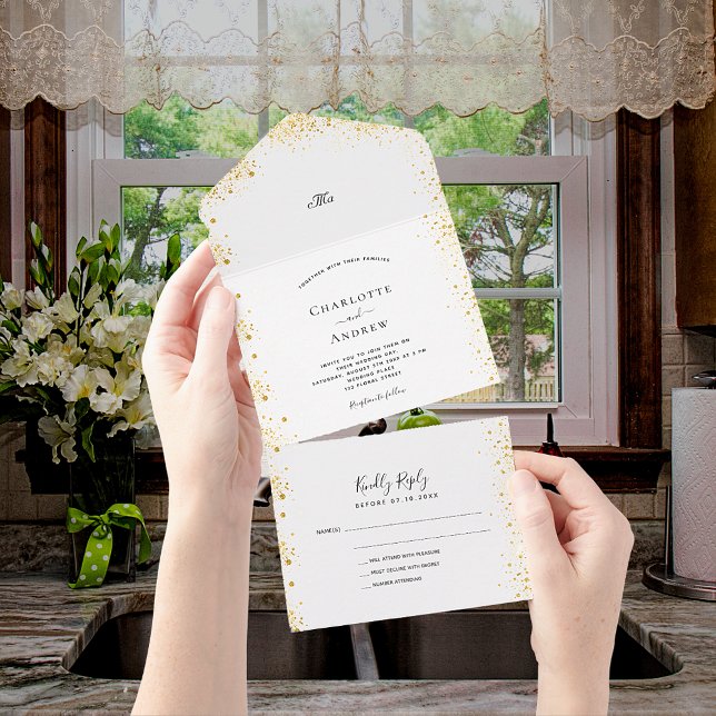 White gold glitter elegant wedding rsvp all in one invitation (Creator Uploaded)