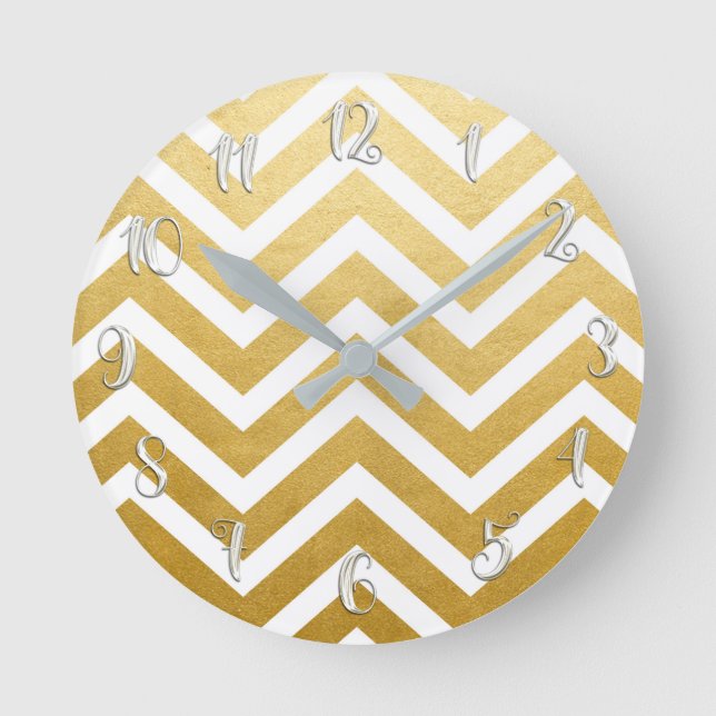 White & Gold Glitter Girly Glam Glamour Chevron Round Clock (Front)