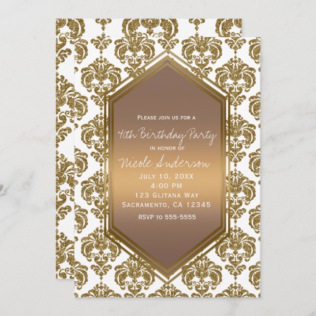 White Gold Glitter Glam Damask Print Party Invitation (Front/Back)