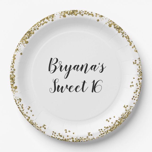 White Gold Glitter Glam Edge Sweet 16 Custom Party Paper Plate (Front)