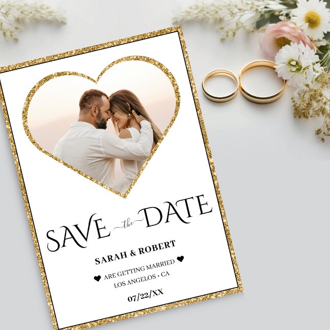 White & Gold Glitter Heart Photo Wedding Save The Date (White & Gold Glitter Heart Photo Wedding Save The Date)