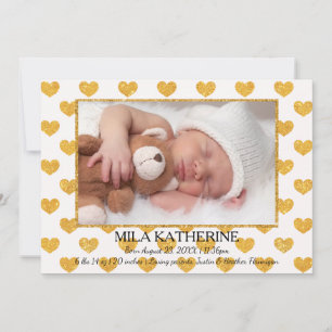 White/Gold Glitter Hearts Photo-Birth Announcement