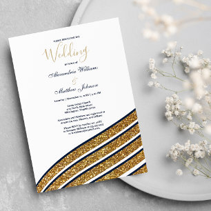 White gold glitter navy blue geometric Wedding Invitation