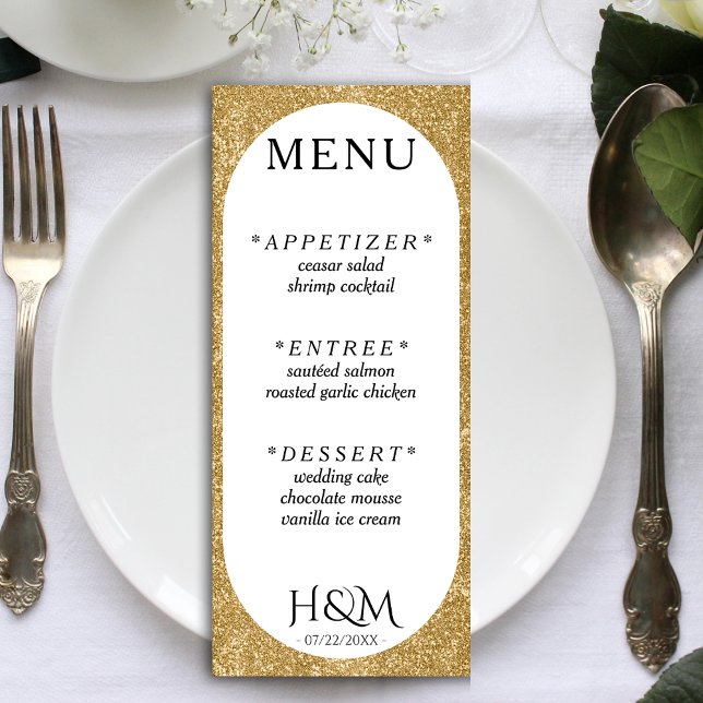 White & Gold Glitter Oval Wedding Reception Menu (White & Gold Glitter Concave Wedding Reception Menu)