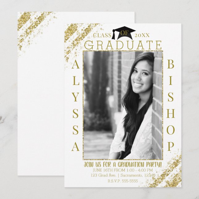 White Gold Glitter Photo Graduation Graduate Party Invitation (Front/Back)
