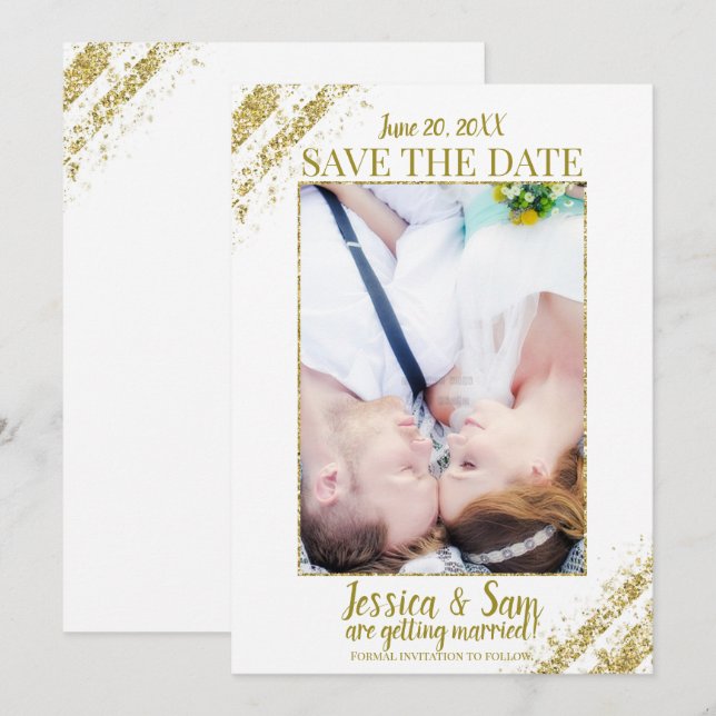 White & Gold Glitter Photo Save the Date Wedding Invitation (Front/Back)