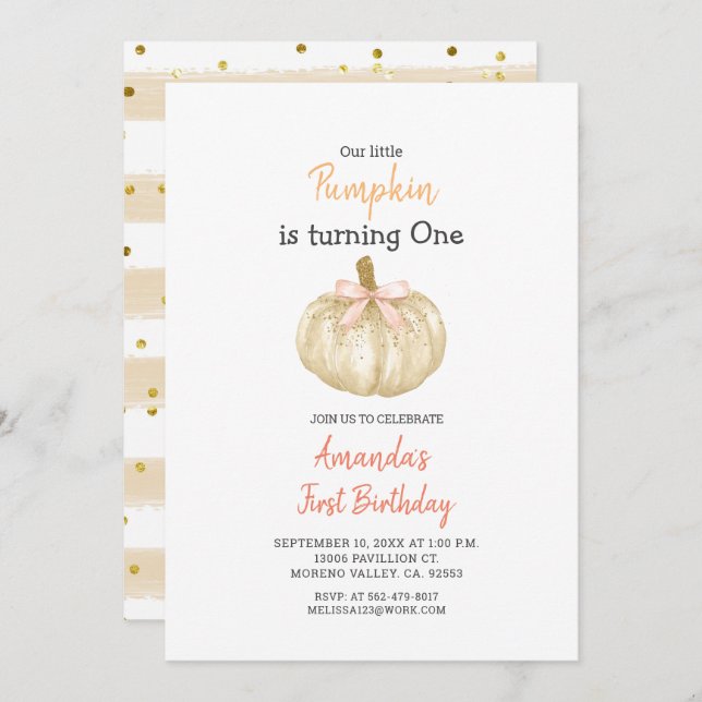 WHITE Gold Glitter Pumpkin 1st Birthday Invitation (Front/Back)