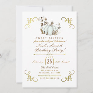 White & Gold Glitter Pumpkin Sweet 16 Party Invitation
