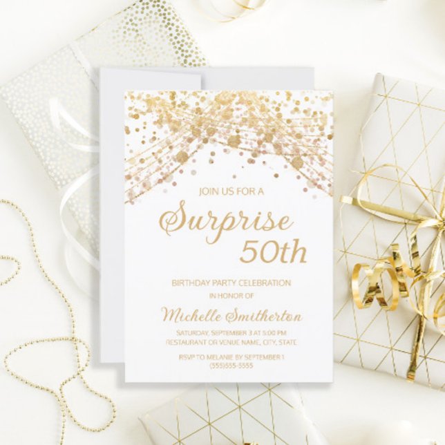 White Gold Glitter Surprise 50th Birthday Invitation (Creator Uploaded)