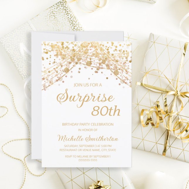 White Gold Glitter Surprise 80th Birthday  Invitation (Creator Uploaded)
