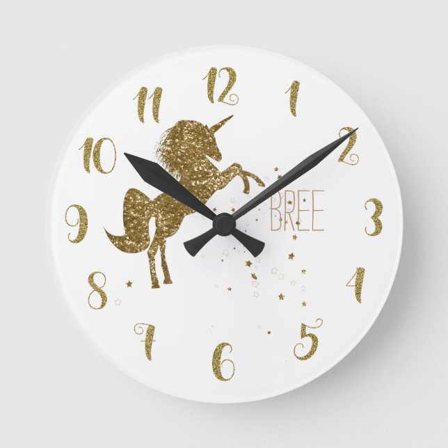 White & Gold Glitter Unicorn & Stars Personalised Round Clock (Front)
