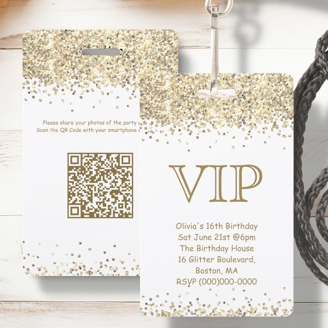 White & Gold Glitter | VIP Birthday Invitation ID Badge (Creator Uploaded)