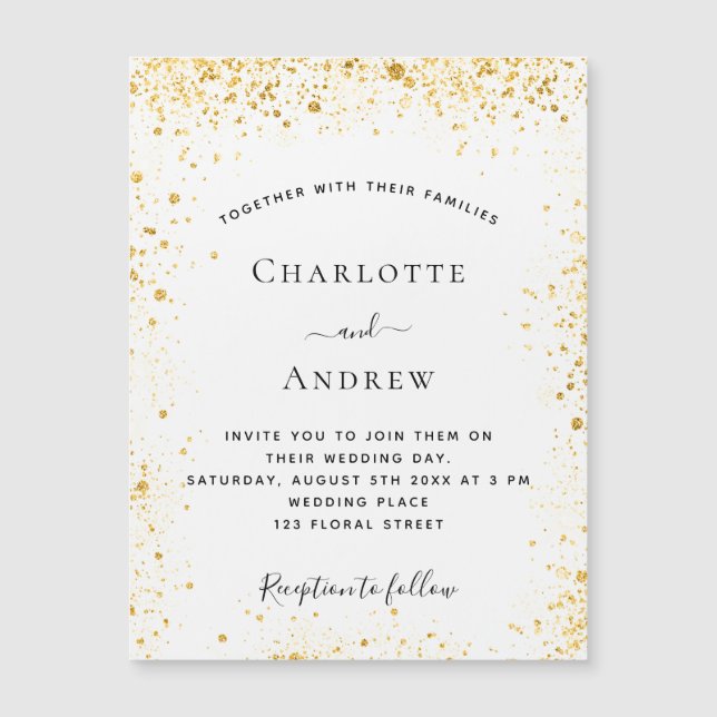 White gold glitter wedding invitation magnet (Front)