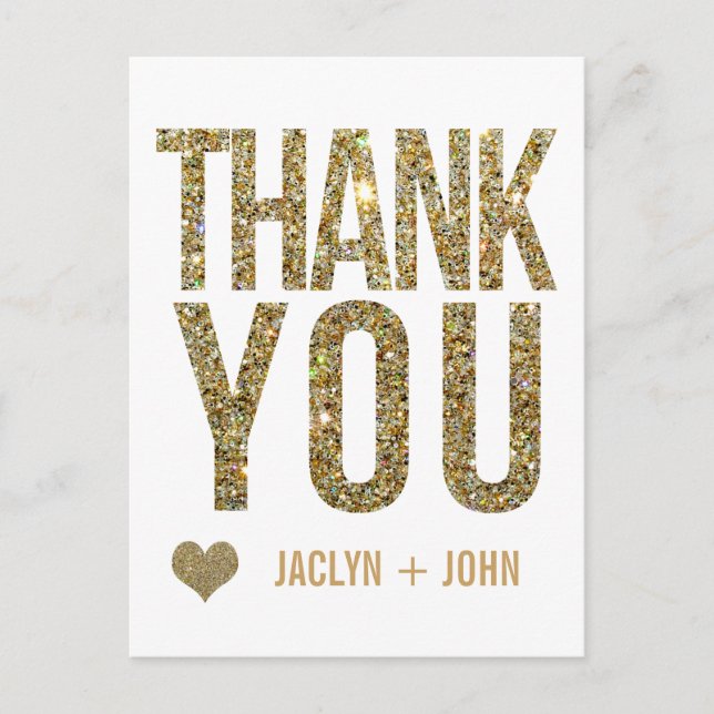White & Gold Glitter Wedding Thank You Postcard (Front)