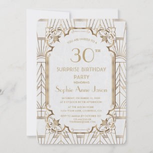 White Gold Great Gatsby Art Deco Birthday Party Invitation