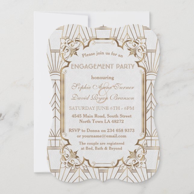White Gold Great Gatsby Art Deco Engagement Party Invitation (Front)