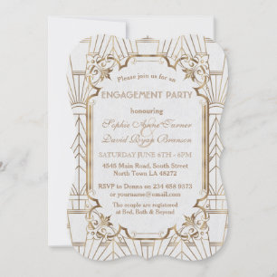 White Gold Great Gatsby Art Deco Engagement Party Invitation