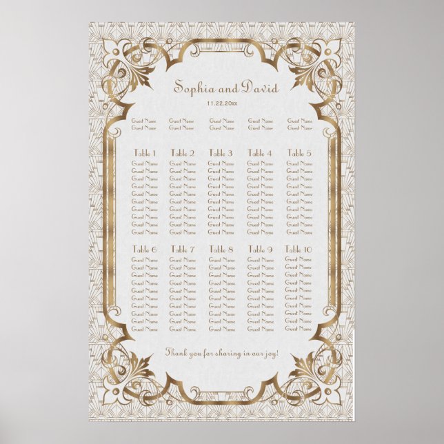 White Gold Great Gatsby Art Deco Seating Chart (Front)