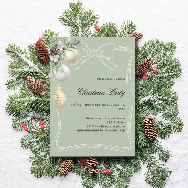 White gold green baubles bow Christmas Party Invitation (Creator Uploaded)