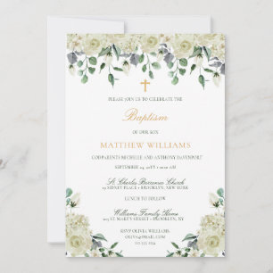 White Gold Green Floral Baptism Invitation