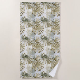 White Gold Green Tropical Leaves Beach Towel